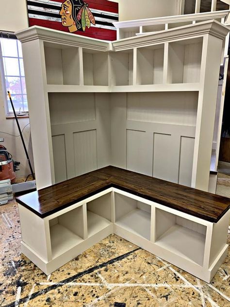 Mudroom Corner Cabinets, Corner Mudroom Lockers, Corner Mudroom Bench, Backpack Area, Mud Room Hall Tree, Corner Mudroom, Mudroom Corner, Mudroom Cabinet, Corner Hall Tree