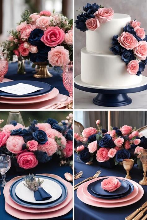 Navy Pink Centerpieces, Navy Pink Wedding Cake, Royal Blue And Blush Pink Wedding, Wedding Cakes Pink And Blue, Blue And Pink Wedding Color Palette, Navy Blue And Pink Quinceanera Ideas, Wedding Ideas Pink And Blue, Pink And Blue Wedding Ideas, Dark Blue And Pink Wedding