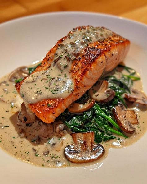 Recipes Cookery | Pan-Seared Salmon with a Creamy Florentine Sauce 🐟🍃🧄  | Facebook Healthy Food Pescatarian, Alfredo With Salmon, Mushroom Sauce For Salmon, Salmon Meal Ideas, Pescatarian Breakfast Ideas, Fancy Food Recipes, Florentine Sauce, Salmon Dishes Aesthetic, Pan Seared Salmon With Creamy Florentine Sauce