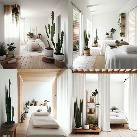 Massage Room Ideas Decor Bohemian, Massage Therapy Office Design, Spa Dressing Room, White Massage Room Ideas, Massage Therapy Clinic Design, Neutral Massage Room, Massage Room With Plants, Earthy Massage Room Ideas, Home Massage Room Ideas