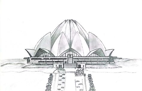 Lotus Building Architecture, Monuments Of India Sketch, India Gate Drawing Sketch, Lotus Temple Sketch, Lotus Temple Drawing, Buildings Art, Temple Drawing, Lotus Temple, Temple India