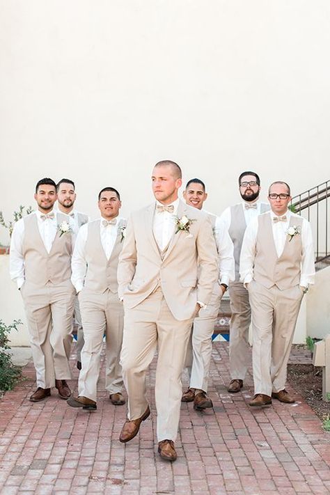 Champagne Vest Groomsmen, Tan Tuxedos For Wedding, Beige Suit Bow Tie, Groomsmen With Vest, Tan Vest Groomsmen, Tan Suit Suspenders Wedding, Older Groom Attire, Wedding Bridesmaids And Groomsmen, Groom And Groomsmen Shirts