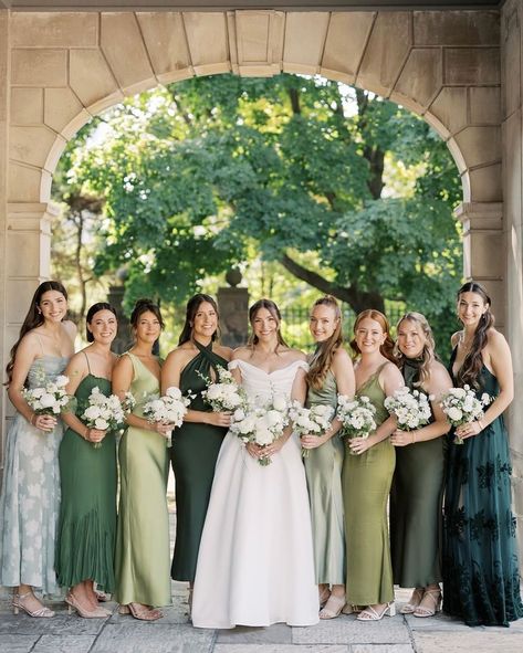 @elizabethinlove with this beautiful mismatched green bridesmaid dresses for Andie’s stunning wedding 💚 Mismatched Bridesmaid Dresses Color Palette, Mismatched Dark Bridesmaid Dresses, Wedding Colors Fall Green, Best Bridesmaid Dress Colors, Mismatched Green Wedding Party, Green Palate Bridesmaid Dresses, Bridesmaids In Different Shades Of Green, Varied Green Bridesmaid Dresses, Bridesmaid Inspiration Color Schemes