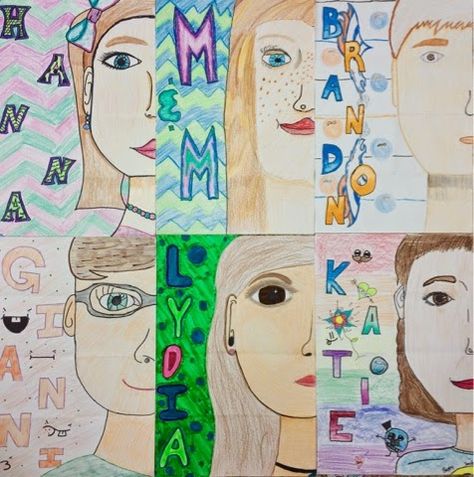 Mrs. Kearly's class Mrs. Mrs. Savoie's 5th grade class How to Begin... Divide paper into 6 by folding...  Draw face lightly to below p... Draw Face, Self Portrait Art, 4th Grade Art, 5th Grade Art, 3rd Grade Art, Two Faced, Self Portraits, Elementary Art Projects, Half Face