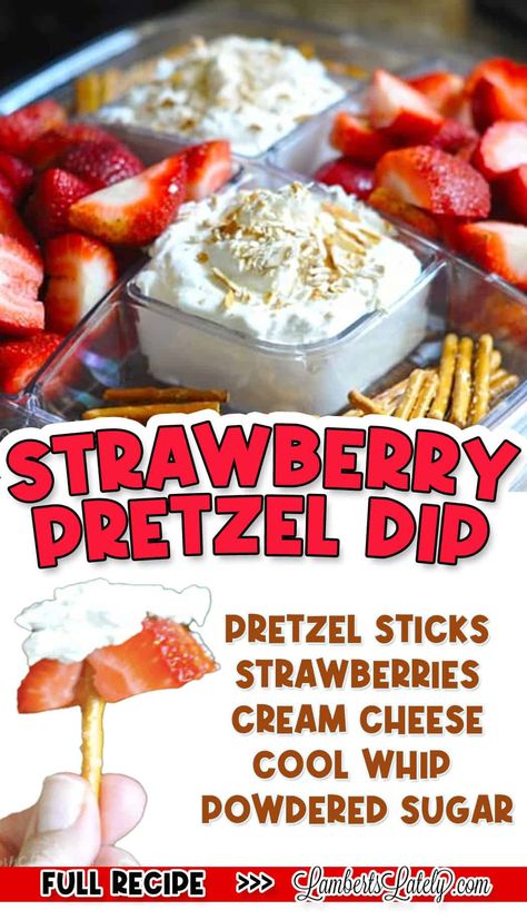 This easy recipe for Strawberry Pretzel Dip is similar to the popular salad recipe, just in dip form! Cream cheese is mixed with sugar to make a simple, fluffy dessert that's great for parties. Pretzel Salad Dip, Salad Dip Recipe, Pretzel Dip Recipes, Salad Dip, Indulgent Recipes, Quick And Easy Sweet Treats, Sweet Appetizer, Strawberry Pretzel Salad, Pretzel Salad