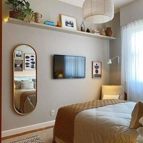 Small Bedroom Mirror, Tv Small Bedroom, Mirror In Small Bedroom, Bedroom With A Tv Aesthetic, Tv On Wall Bedroom, Bedroom With Tv Aesthetic, Aesthetic Bedroom With Tv, Small Room Decor Ideas Aesthetic Indian, Small Aesthetic Bedroom