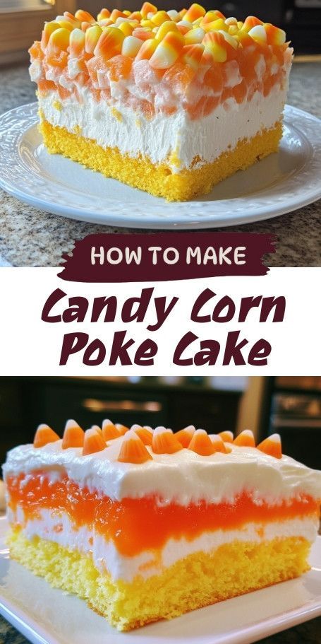 Candy Corn Poke Cake Recipe | Spooky & Delicious Halloween Dessert Get into the Halloween spirit with this vibrant Candy Corn Poke Cake! Combining classic poke cake flavors and eye-catching colors, this festive dessert is perfect for parties and family gatherings. Easy to make and sure to impress, your guests will love every bite! Delicious Halloween Desserts, Candy Corn Cake, Poke Cake Recipe, Halloween Dessert, Poke Cake Recipes, Festive Desserts, Candy Cake, Poke Cake, Halloween Desserts