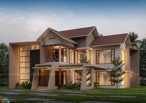 Opulent Modern Mixed Roof House Design 6bhk House Design, Double Story House Elevation, Mixed Roof House Design, Exterior Reference, Roof House Design, Small House Design Kerala, Indian House Exterior Design, Frame Cabins, A Frame Cabins