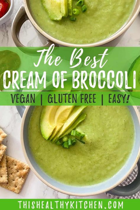 You have to try this EASY and delicious recipe for cream of broccoli soup. This healthy dish is ready in no time and perfect for kids and adults too! It's vegan, dairy free and easily made oil free too! #vegansoup #vegan #healthyfood Dairy Free Broccoli Soup, Recipe For Cream Of Broccoli Soup, Dairy Free Cream Soup, Easy Cream Of Broccoli Soup, Best Broccoli Soup, Broccoli Soup Vegan, Creamy Broccoli Soup Recipe, Easy Broccoli Soup, Broccoli Recipes Healthy