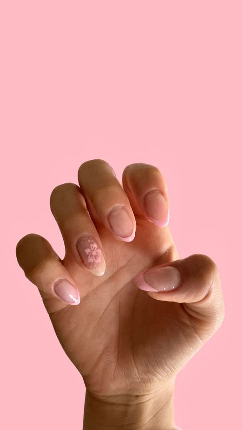 White French Tips With Flowers On Ring Finger, French Tip Nails With Flower On Ring Finger, Nails With Flower On Ring Finger, French Tip With Flower On Ring Finger, Nails Ring Finger Different, French Nails With Design On Ring Finger, French Tips With Design On Ring Finger, Pink French Tip With Flowers, Mid Nails