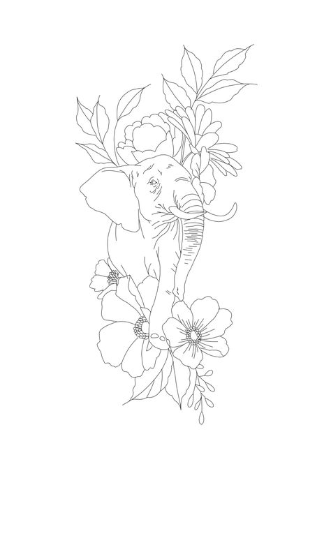 Small Elephant With Flowers Tattoo, Elephant Holding Flower Drawing, Elephant Drawing With Flowers, Animal And Flower Drawing, Elephant Holding Flower Tattoo, Elephant Spine Tattoo, Elephant Tattoos Design, Elephant Floral Tattoo, Elephant Hip Tattoo