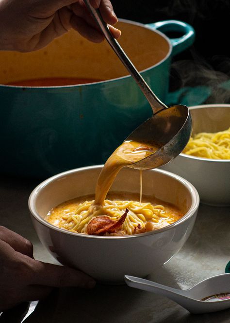 Lobster Curry Noodle Soup with Crisp Beansprouts - Rhubarb and Cod Hong Kong Food Photography, Soup Food Photography, Lobster Curry, Farmers Kitchen, Red Curry Soup, Soup Photography, Coconut Red Curry, Soup Design, Curry Noodle Soup