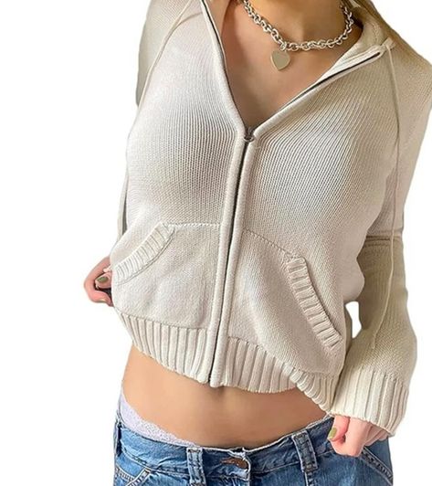 Women Y2K Zip Up Knit Hoodies Cardigan Sweaters Solid Color Long Sleeve Vintage Aesthetic Sweater Sweatshirts