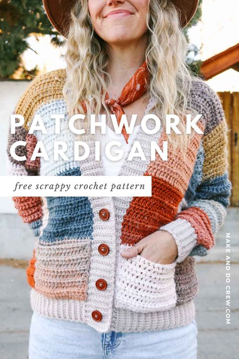 Learn how to crochet a patchwork cardigan with this free crochet along pattern from Make and Do Crew. Made from basic crochet stitches & simple rectangles, this quilt inspired cardigan is easy to put together & requires minimal seaming. Customize your patchwork sweater by choosing your own colors - make it as colorful as a rainbow for a vintage aesthetic or keep it neutral for a modern look. Detailed video tutorial included. Visit the blog today to get the crochet patchwork sweater pattern! Color Block Crochet Cardigan Pattern, Crochet Scrap Cardigan Pattern Free, Crochet Patch Sweater Pattern Free, Free Crochet Patchwork Cardigan Patterns, Crochet Sweater Ideas Colorful, Patchwork Cardigan Crochet Pattern, Color Block Crochet Sweater, Patchwork Crochet Cardigan, Crochet Patchwork Cardigan