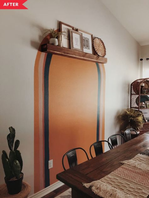 DIY Painted Arch in a Cheap Dining Room Update | Kitchn Arch Wall Mural Diy, Painted Wall Feature, Painted Headboard On Wall, Painted Arch Wall, Arch Wall Design, Painted Arch, Painted Headboard, Wall Feature, Arch Wall