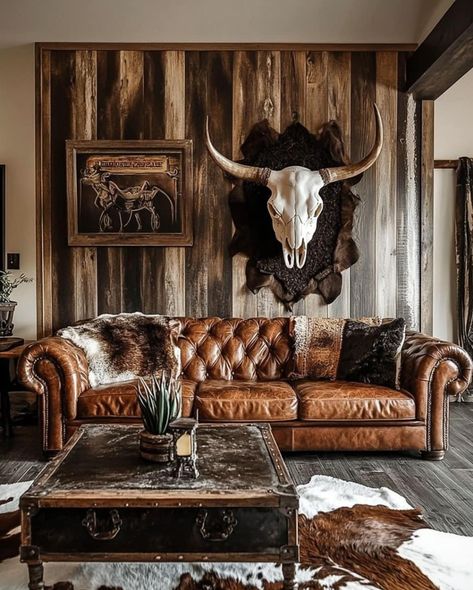 Western Living Room Ranch Style, Western Office Decor, Western Boho Home Decor, Western Living Rooms, Western Bar, Western Farmhouse, Ranch Furniture, Western Living Room, Tech Room