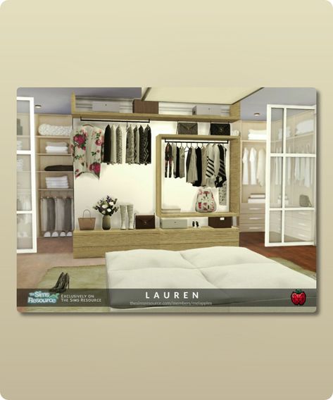 Sims 4 Furniture CC: Lauren Closet By Melapples Sims 4 Walk In Closet, Sims Closet, Sims 4 Furniture, A Walk In Closet, Sims Furniture, Furniture Cc, Hall House, Mod Jacket, Sims 4 Cc Download