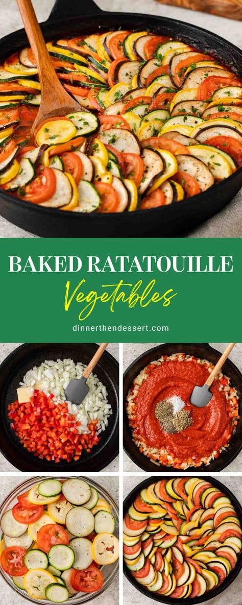 Flavorful Baked Ratatouille Vegetables is an easy French dish made with fresh veggies and perfect for a healthy dinner. Some versions of the authentic recipe may call for each vegetable to be cooked individually before they’re combined. However, this Baked Ratatouille recipe tastes just as amazing with the same buttery and smooth consistency, and it’s a lot quicker! Try it today! Easy Vegetable Dinner, French Veggies, Vegetable Heavy Dinner Recipes, Dinner With Lots Of Vegetables, Baked Ratatouille, Best Ratatouille Recipe, Easy Ratatouille Recipe, Ratatouille Themed Dinner, Authentic French Recipes