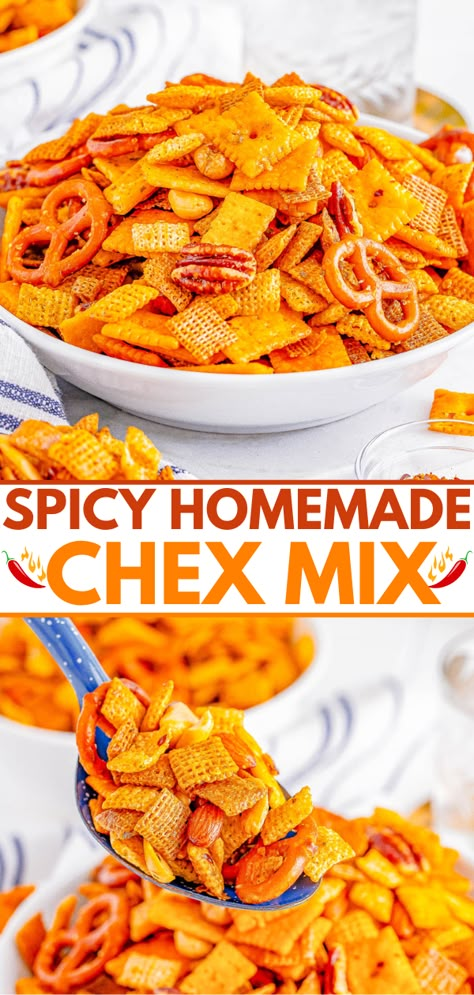 Spicy Chex Mix - Sometimes called firecracker Chex Mix because of the kick, but no matter what you call it, everyone loves this EASY homemade snack mix recipe! Chock full of Chex cereal, Cheez-Its, mini pretzels, mini Club Crackers, and mixed nuts. Melted butter seasoned with ranch dressing mix, garlic and onion powder, smoked paprika, and more give this BAKED snack mix recipe a bit of heat, savory, salty, and tiny bit sweet rolled into every addictive handful! Savory Chex Mix, Savory Chex, Spicy Chex Mix, Salty Chex Mix, Homemade Chex Mix Recipe, Sweet Chex, Easy Homemade Snacks, Easy Brunch Ideas, 21 Day Fix Snacks