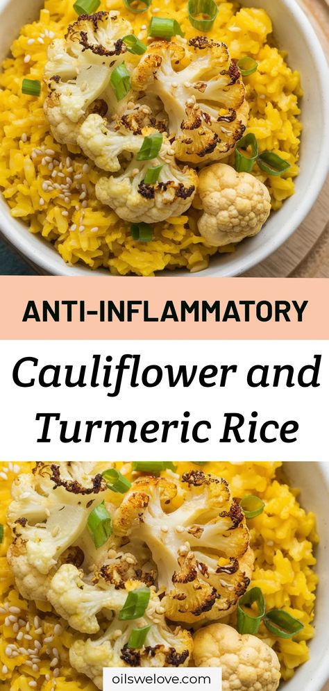 Discover an easy and delicious anti-inflammatory cauliflower and turmeric rice recipe! Perfect for antiinflammatory meals, this simple snack for inflammation is an ideal recipe for your inflammation diet. Enjoy with antiinflammatory vegetarian meals or as a low-inflammatory breakfast or lunch option. Perfect for easy anti-inflammation meal prep and quick meals! Antiinflammatory Meals Dessert, What Is An Anti Inflammation Diet, Anti I Flammatory Meals, Low Inflammation Snacks, Anti Inflammation Foods Recipes, Anti Inflammation Lunch, Vegan Antiinflammatory Recipes, Gut Healing Meal Plan, Anti Inflammation Smoothie