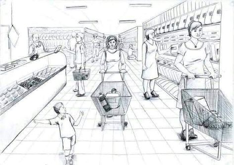 Grocery Store Perspective Drawing, Sketches For Uceed, Perspective Lessons, Geometric Shapes Drawing, Memory Drawing, Composition Drawing, Human Sketch, Perspective Sketch, Human Figure Sketches