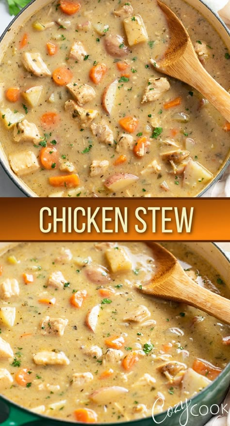 This homemade Chicken Stew recipe is easy to make for dinner on the stove top! It's hearty, rustic, and full of flavor. Your family will love this easy meal idea. Stew Chicken Recipe, Favorite Recipes Dinner, Soup And Stew, Stew Recipe, Chicken Stew, Vegan Soup, Easy Soups, Chicken Dishes Recipes, Stew Recipes