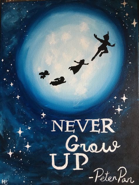 Peter Pan Wall Art, Peter Pan Canvas Painting, Peter Pan Painting Ideas, Peter Pan Painting Easy, Peter Pan Pumpkin Painting, Peter Pan Mural, Neverland Art Peter Pan, Disney Art Painting Easy, Disney Art Ideas