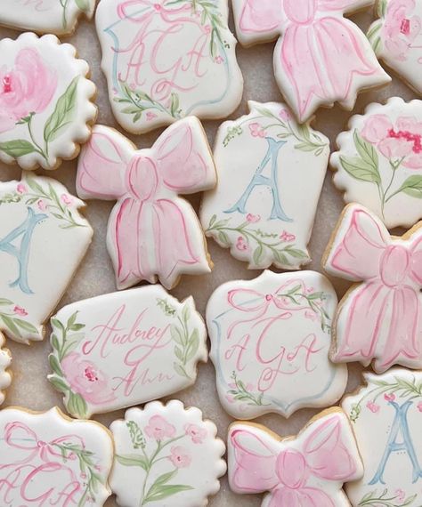 She’s Tying The Knot Bow Theme Cookies, Tying The Knot Cookies, Blue And Pink Baby Shower Ideas, Fancy Baby Shower, Bow Theme, Sweet Sixteen Birthday Party Ideas, Bow Baby Shower, Bridal Shower Inspo, 1st Birthday Party Themes