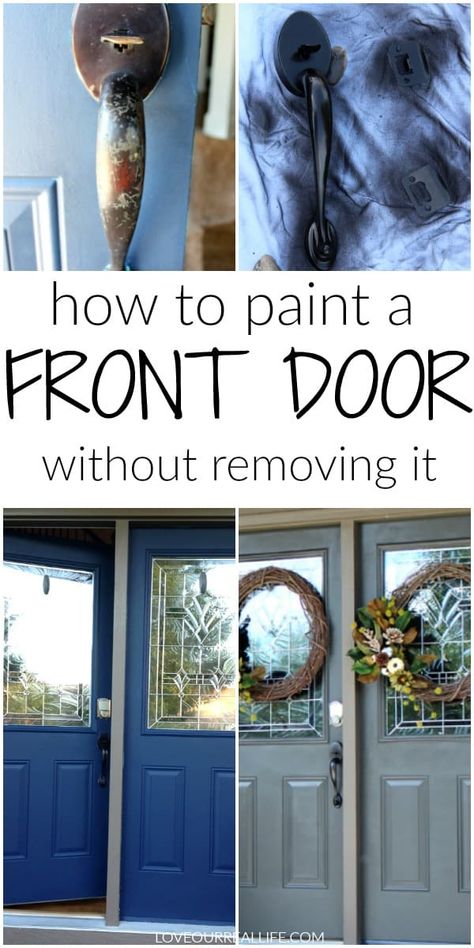 Learn these important tips to paint your front door (without removing it)! Also learn what NOT to do. See how to update the front door hardware while you're at it! #frontdoor #exteriorpaint #painteddoor Upcycle Front Door, Paint Front Door Diy, How To Paint Front Door, Painting Metal Doors, Paint Your Front Door, Easy Home Diy Upgrades, Painted Exterior Doors, Front Door Hardware, Door Painting