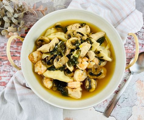 Warm Up Your Soul with Our Copycat PF Chang's Wonton Soup Recipe Shrimp Spinach, Pf Chang, Wonton Soup Recipe, Sugar Rice, Pf Changs, Mushroom Rice, Rice Wine, Minced Onion, Ultimate Comfort Food