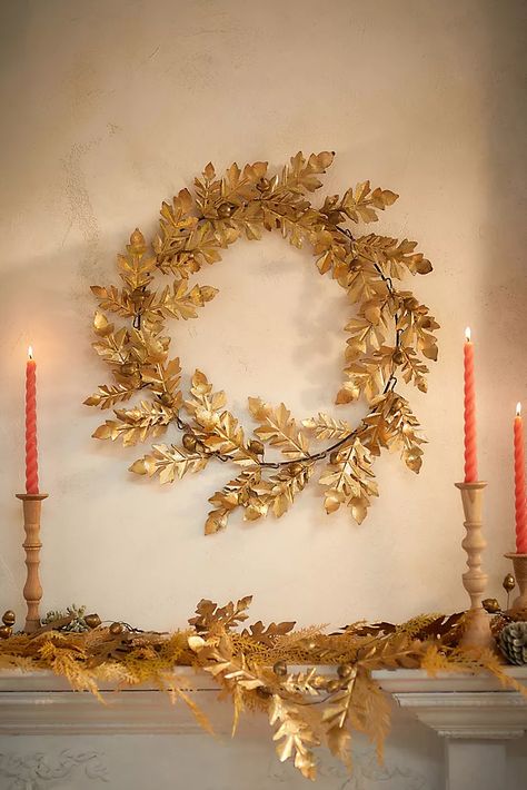 Oak Leaf Wreath, Gold Tree Branches, French Christmas Decor, Homemade Wreath, French Inspired Decor, Acorn Wreath, Gold Swan, Acorn And Oak, French Christmas