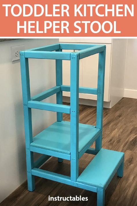 A toddler kitchen helper stool makes it easier for your child to safely check out what you are doing at your kitchen counters and help out with preparing meals or baking cookies. #Instructables #workshop #woodshop #woodworking #carpentry #furniture #kid #Fusion360 #Autodesk Kitchen Helper Stool, Toddler Kitchen Stool, Child Furniture, Helper Stool, Diy Bar Stools, Painted Bar Stools, Acrylic Bar Stools, Rustic Bar Stools, Toddler Step Stool