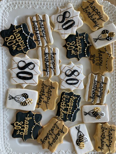 Black And Gold Cookies Birthday Parties, 80th Bday Cookies, 80th Birthday Cookies Decorated Men, 90th Birthday Cookies For Men, Cookies For 80th Birthday, 80th Birthday Party Cookies, 60th Birthday Royal Icing Cookies, Male Birthday Cookies Decorated, 80th Birthday Party Ideas Grandpa