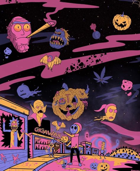 Rick and Morty x Halloween Rick And Morty Halloween Wallpaper, Halloween Rick And Morty, Rick And Morty Halloween, Rick And Morty Time, Rick I Morty, Pickle Rick, Cartoon Graffiti, Art Trippy, Black Light Posters