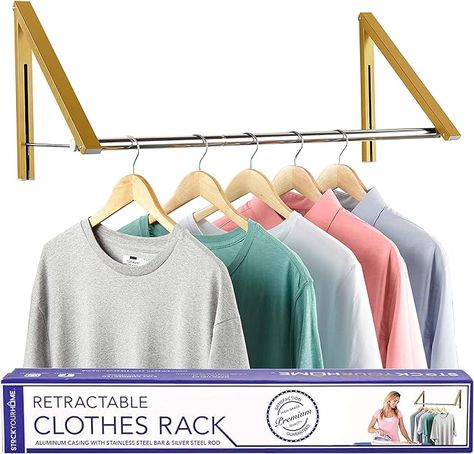 Amazon.com: Double Foldable Clothing Rack w/ Extension Rod, Wall-Mounted Retractable Clothes Hanger for Laundry Dryer Room, Hanging Drying Rod, Small Collapsible Folding Garment Racks, Dorm Accessories (Gold) : Home & Kitchen Laundry Room Ideas Small Space Hanging, Laundry Hanging Ideas, Diy Clothes Rod, Laundry Room Hanging Ideas, Wall Mounted Clothing Rack, Hanging Clothes Rail, Laundry Room Ideas Small Space, Clothes Hanger Rack, Laundry Rack