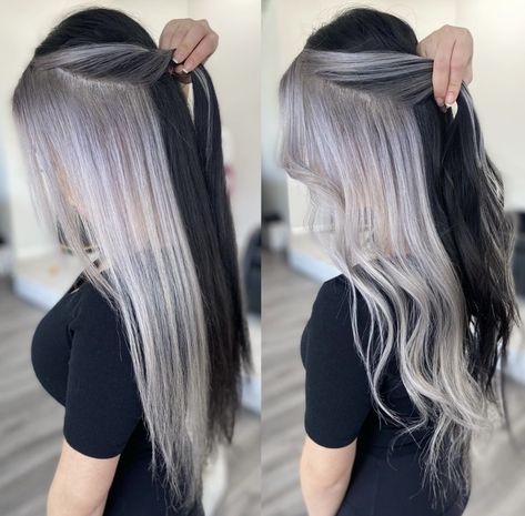 Silver With Black Hair, Silver Hair Money Piece, Large Money Piece Hair, Black To Silver Hair, 2 Tone Hair Color Ideas, Black Platinum Hair, Brown Hair With Blonde Halo, Black And Silver Hair Ideas, Black Grey Hair