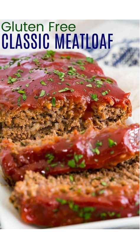 This Gluten Free Meatloaf recipe is classic comfort food! Tender and juicy, made with savory ground beef and a tangy brown sugar glaze. Gluten Free Meatloaf Recipes Easy, Gf Meatloaf Recipes, Meatloaf Recipes Gluten Free, Gf Meatloaf, Gluten Free Ground Pork Recipes, Celiac Safe Recipes, Easy Gluten Free Meatloaf, Gluten Free Beef Recipes, Dairy Free Meatloaf