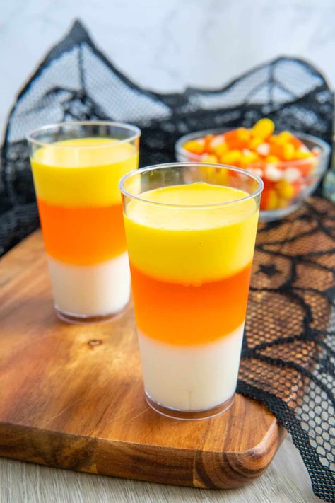 Halloween Candy Corn Jello Shots - Salt & Spoon Candy Corn Jello, Candy Corn Jello Shots, Whipped Cream Vodka, Orange Jello, Gelatin Dessert, Salt Spoon, Halloween Baking, Halloween Candy Corn, Yellow Foods