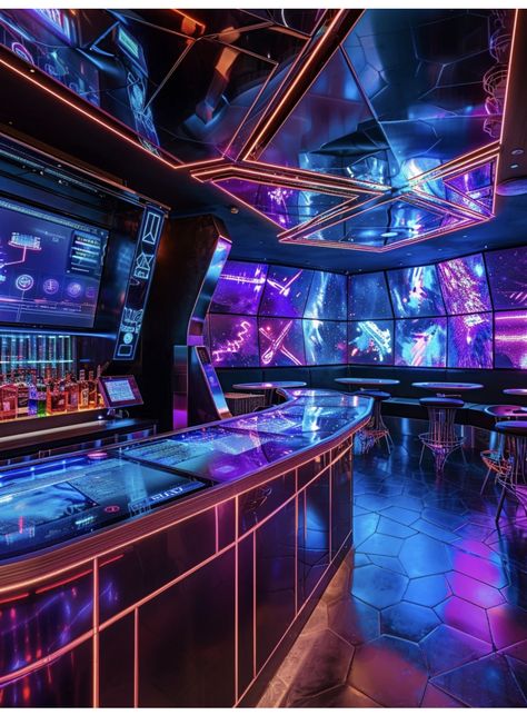 Cyberpunk Nightclub, Cyberpunk Hotel, Futuristic Club, Futuristic Bar, Venue Aesthetic, Cyberpunk Design, Futuristic Home, Cyberpunk Aesthetic, Cyberpunk City