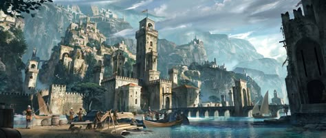 Port Town, Fantasy Village, Asoiaf Art, Urban Landscapes, Image Painting, Fantasy City, Fantasy Places, Landscape Scenery, Art Station