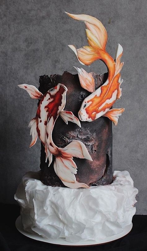 Koi Cake, Island Cake, Asian Cake, Fantasy Cake, Hand Painted Cakes, Beautiful Cake Designs, Crazy Cakes, Fish Cake, Painted Cakes