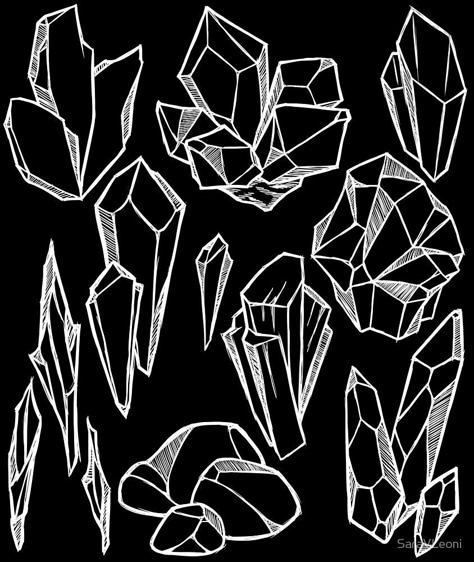 Elegant Pattern Crystals Lineart | Different Crystal Forms Shape Drawing | fine line art |  Gems Sketch | geometric white black | My original art on Redbubble! High-quality print on high-quality products! Unisex Tee Classic Men Women T-shirts Tri-blend Tank Top Scoop V-neck | And that's not it! Check out printed Phone Case and Covers Wall Art Prints Pillows Mugs Travel Mugs Tote Bags Studio Pouches Stickers Notebooks Journals #saravleoni #redbubble #crystals #designpattern #lineart #inkdrawing Crystals Shapes, Sketch Geometric, Shape Drawing, Crystal Drawing, Crystals Black, Wall Pattern, Crystal Pattern, Elegant Pattern, Crystal Shapes