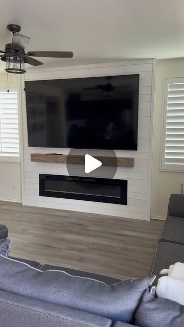 Shiplap Around Tv Mount, Living Room Shiplap Accent Wall With Tv, Entertainment Wall Build Out, Tv Wall With Shiplap, Shiplap Wall Tv And Fireplace, Accent Wall Electric Fireplace, Shiplap Fireplace Wall Diy, Shiplap Wall Tv Mount, 75 Inch Tv Above Fireplace