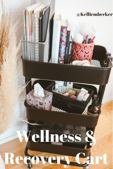 A black trolly/cart with all the necessary items you need in your recovery. Tissues, medicine, books, journals, pens, headphones, lotion. Hip Surgery Recovery, Knee Replacement Recovery, Surgery Care Package, Post Surgery Gift, Knee Surgery Recovery, Preparing For Surgery, Acl Surgery, Recovery Room, Spinal Surgery