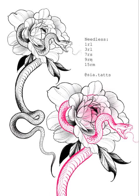 Татуировка змеи с пионом дизайн трансфер линии Skull And Snake Drawing, Snake Peony Tattoo, Peonies Tattoo Design, Back Leg Tattoo, Sketches Inspiration, Patch Work Design, Back Of Leg Tattoos, Snake Tattoos, Peony Tattoo