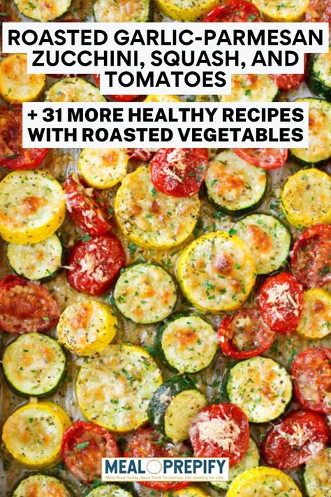 A medley of roasted zucchini, squash, and tomatoes topped with garlic and parmesan for a healthy dinner option. Roasted Courgette Recipes, Roasted Parmesan Zucchini And Tomatoes, Roasted Zucchini Oven, Baked Vegetable Recipe, Recipes With Roast, Pot Roast Vegetables, How To Roast Vegetables, Delicious Vegetable Recipes, Roasted Zucchini And Squash