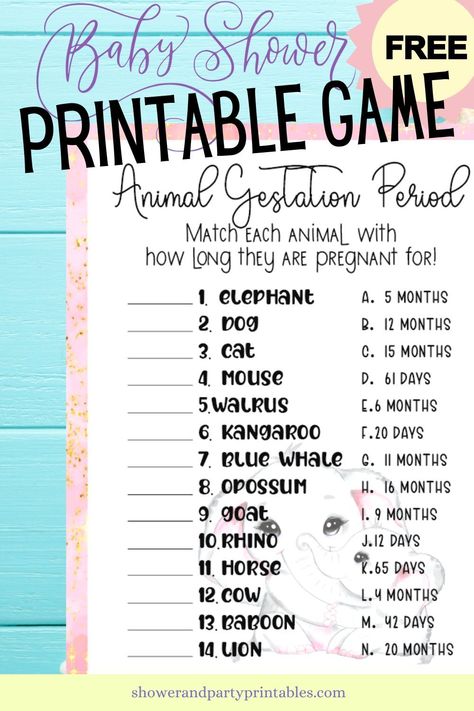 Instant download of an animal gestation game digital file to print this fun baby shower game at home! Four different design options to choose from. Animal Gestation Game, Baby Shower Quiz Game, Animal Gestation Game Free Printable, Animal Guessing Game, How Long Is Each Animal Pregnant Game, Pregnancy Gender Prediction, Baby Shower Quiz, Virtual Baby Shower Ideas, Baby Gender Prediction