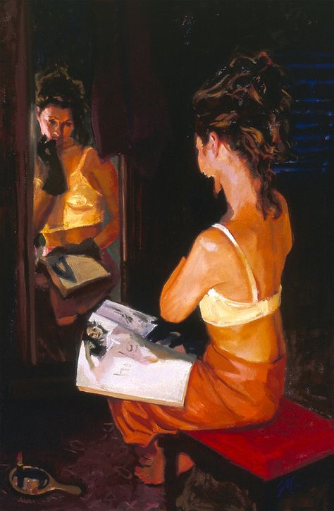 Midnight Red | C.M. Cooper ~ American Impressionist painter - Awww! So nice! Love this! (MP) Women Who Read, Why Are We Here, Impressionistic Paintings, Midnight Red, Hand Mirrors, Women Reading, Art Figures, Cooper S, Mirror On The Wall