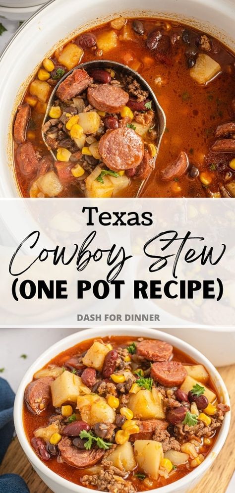 Beef Franks Recipes Dinners, Beef Smoked Sausage Recipes Crockpot, Soup With Smoked Sausage Recipes, Texas Cowboy Stew Recipe, Cowboy Stew Recipe, Texas Cowboy Stew, Soup With Smoked Sausage, Cowboy Stew, Pit Cooking