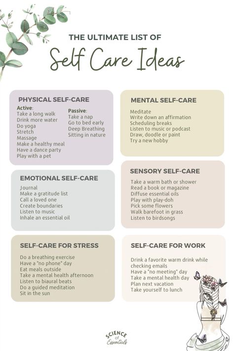 The ultimate list of self care ideas, physical, mental, emotional self care, science of essentials Ideas For Emotional Self Care, Creative Self Care Ideas, Self Care Studying, Self Care List Aesthetic, Self Care Day Plan, Daily Self Care Journal Ideas, 5 Minute Self Care Activities, Sensory Self Care Ideas, Better Self Care